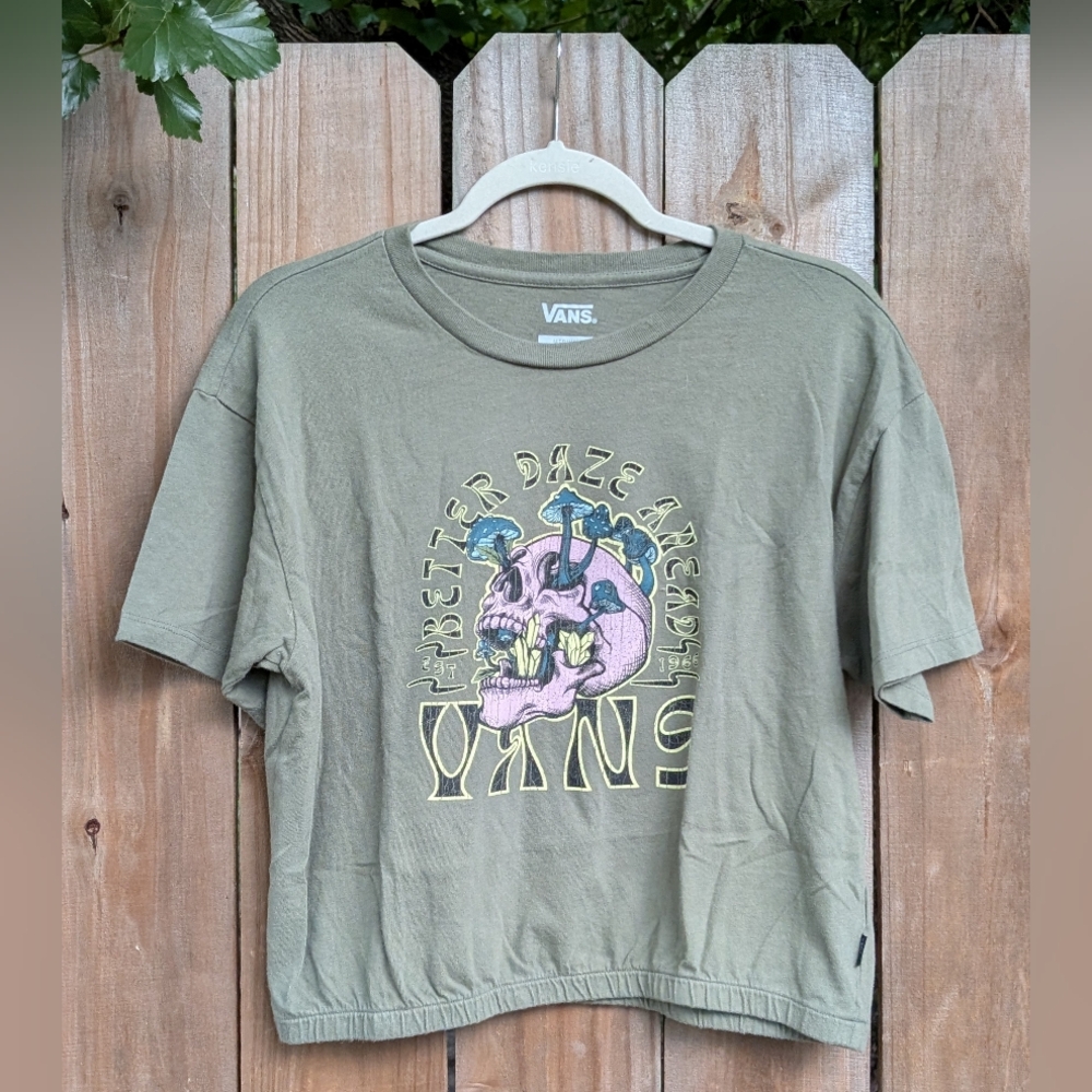 Vans Olive Green Cropped Skull Mushrooms Graphic T-shirt